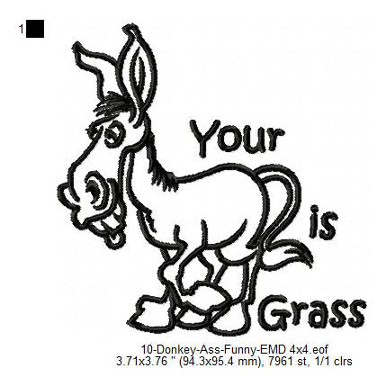 Donkey Your Ass Is Grass Line Art Machine Embroidery Digitized Design Files