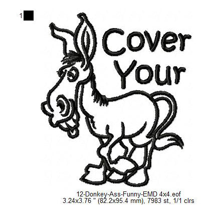 Donkey Cover Your Ass Line Art Machine Embroidery Digitized Design Files