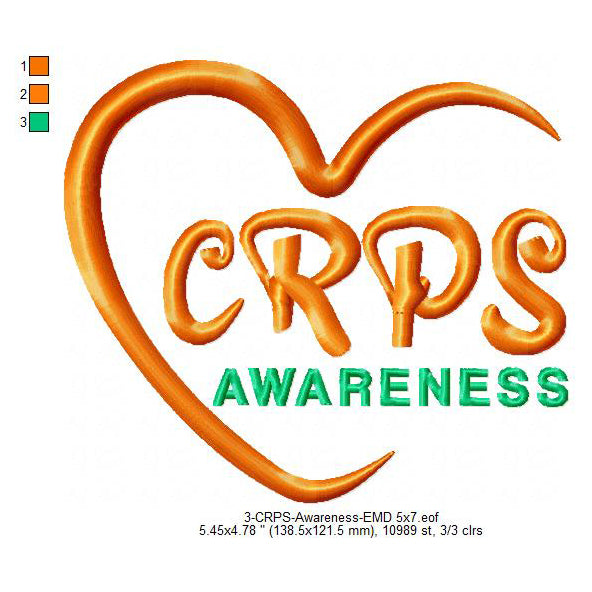 Hand CRPS Awareness Heart Machine Embroidery Digitized Design Files