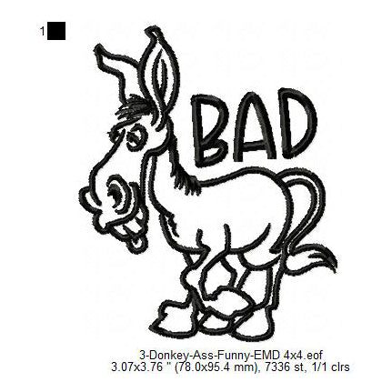 Donkey Bad Ass Line Art Machine Embroidery Digitized Design Files