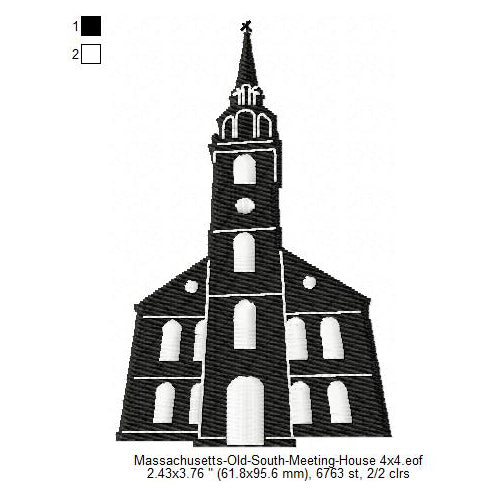 Massachusetts Old South Meeting House Silhouette Machine Embroidery Digitized Design Files