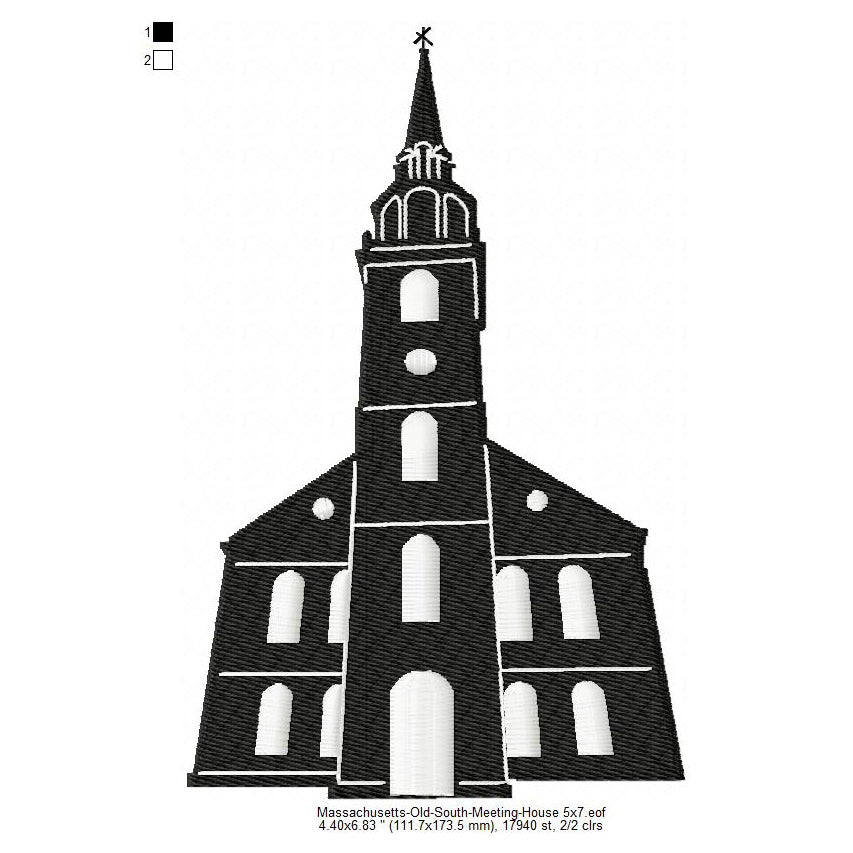 Massachusetts Old South Meeting House Silhouette Machine Embroidery Digitized Design Files