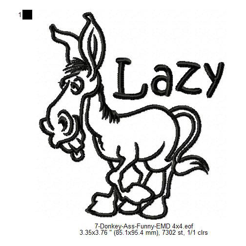 Donkey Lazy Ass Line Art Machine Embroidery Digitized Design Files