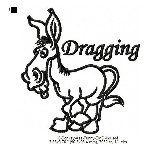 Donkey Dragging Ass Line Art Machine Embroidery Digitized Design Files