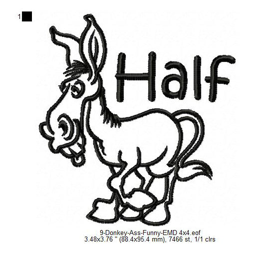 Donkey Half Ass Line Art Machine Embroidery Digitized Design Files