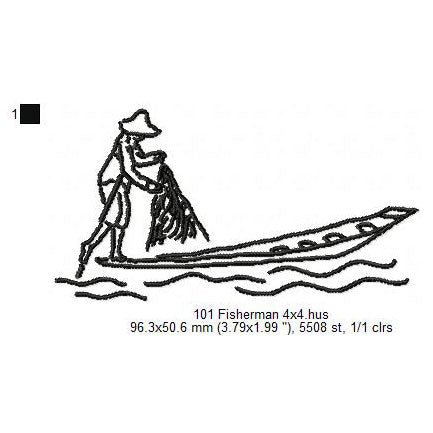 Fisherman Fishing Boat Net Line Art Machine Embroidery Digitized Design Files