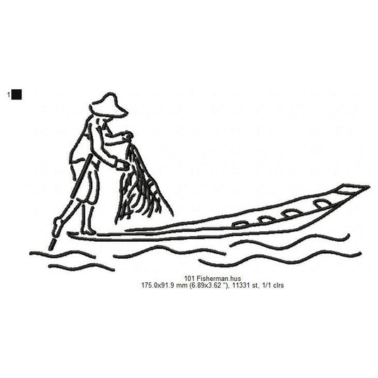 Fisherman Fishing Boat Net Line Art Machine Embroidery Digitized Design Files