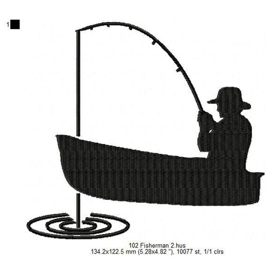 Fisherman Fishing Boat Silhouette Machine Embroidery Digitized Design Files