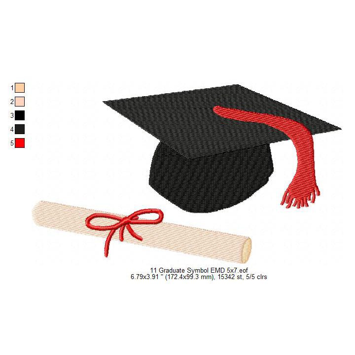 Graduation Hat With Tassel Diploma With Red Ribbon Machine Embroidery Digitized Design Files