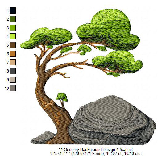 Tree Rock Jungle Scenery Background Machine Embroidery Digitized Design Files