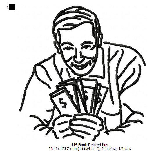 Banker Counting Money Line Art Machine Embroidery Digitized Design Files