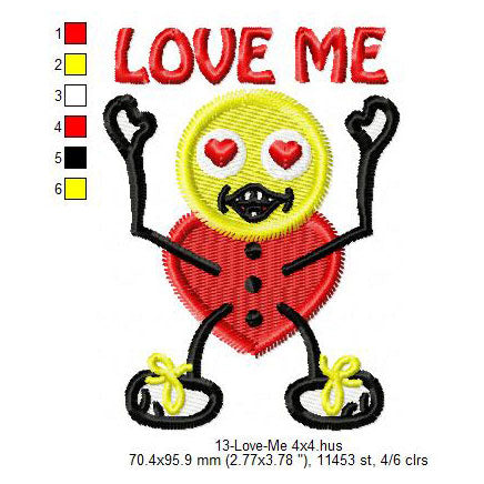 Love Me Cartoon Emoji Valentines Day Machine Embroidery Digitized Design Files