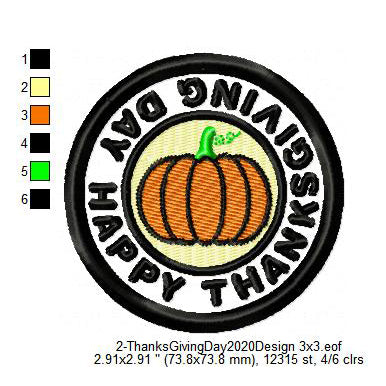 Happy Thanksgiving Day Pumpkin Merit Badge Machine Embroidery Digitized Design Files