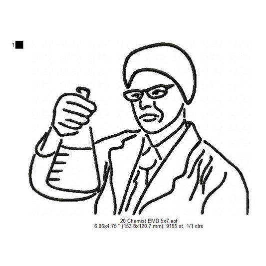 Chemist Laboratory Researcher Line Art Machine Embroidery Digitized Design Files