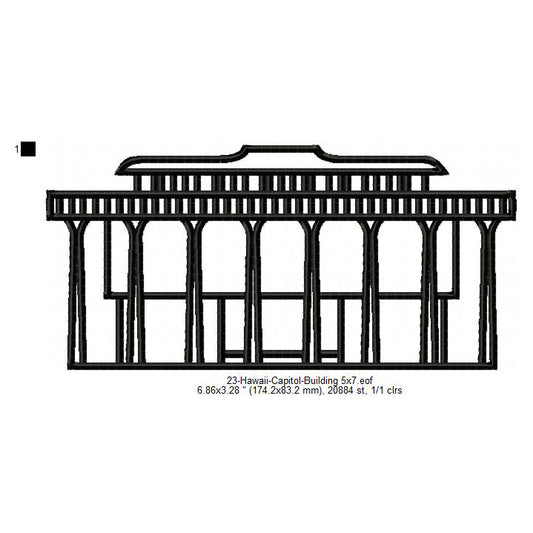 Hawaii Capitol Building Silhouette Machine Embroidery Digitized Design Files