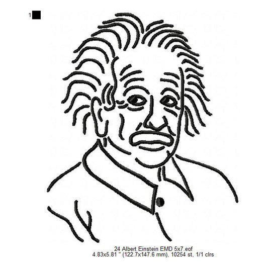 Albert Einstein Scientist Line Art Machine Embroidery Digitized Design Files