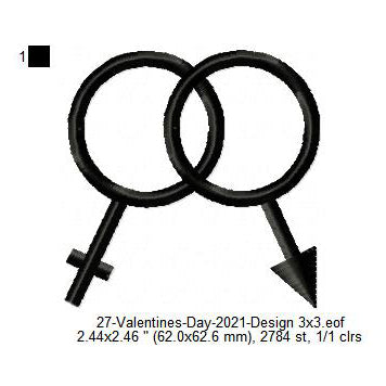 Male Female Love Symbol Valentines Day Machine Embroidery Digitized Design Files