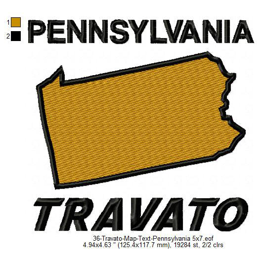 Travato Pennsylvania State Map Designs Machine Embroidery Digitized Design Files