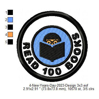 Read 100 Books New Year Challenge Merit Badge Machine Embroidery Digitized Design Files