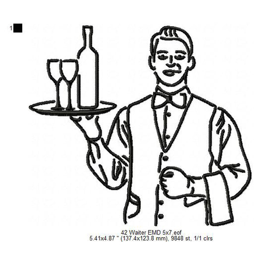 Restaurant Waiter Line Art Machine Embroidery Digitized Design Files