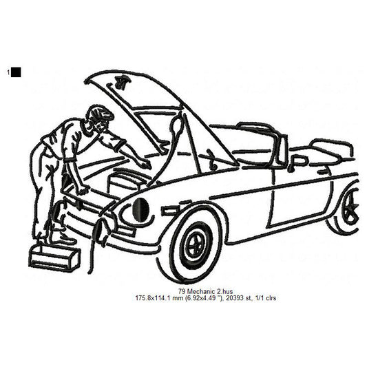 Car Mechanic Line Art Machine Embroidery Digitized Design Files