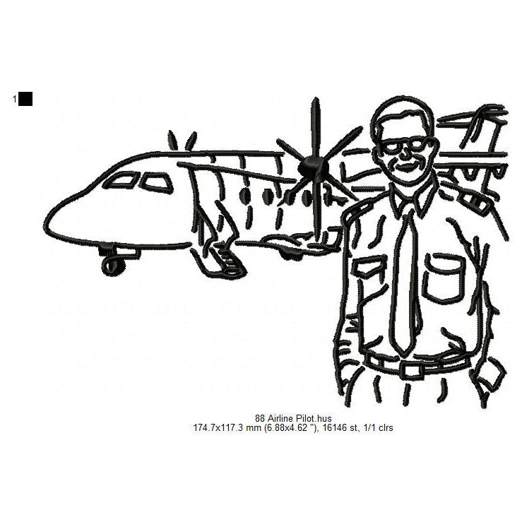 Airline Airplane Pilot Line Art Machine Embroidery Digitized Design Files