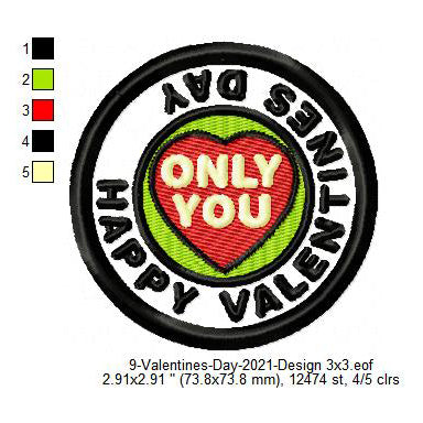 Happy Valentines Day Only You Merit Badge Machine Embroidery Digitized Design Files