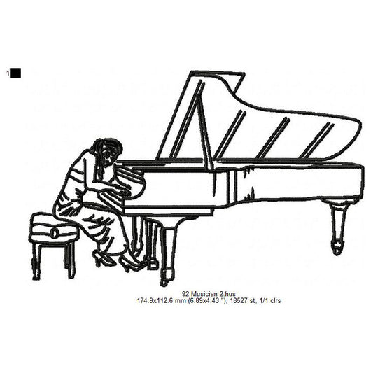 Grand Piano Pianist Musician Line Art Machine Embroidery Digitized Design Files