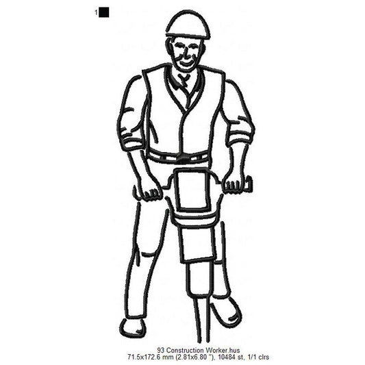 Construction Worker Line Art Machine Embroidery Digitized Design Files