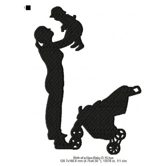 Mother With New Born Child  Baby Stroller & Palms Silhouette Machine Embroidery Digitized Design Files