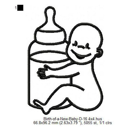 New Kids Child Baby With Milk Bottle Line Art Machine Embroidery Digitized Design