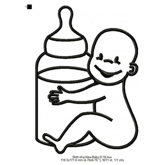 New Kids Child Baby With Milk Bottle Line Art Machine Embroidery Digitized Design