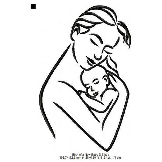 Mother With New Born Baby Child Line Art Machine Embroidery Digitized Design Files