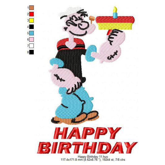 Popeye Wishing Happy Birthday Machine Embroidery Digitized Design Files