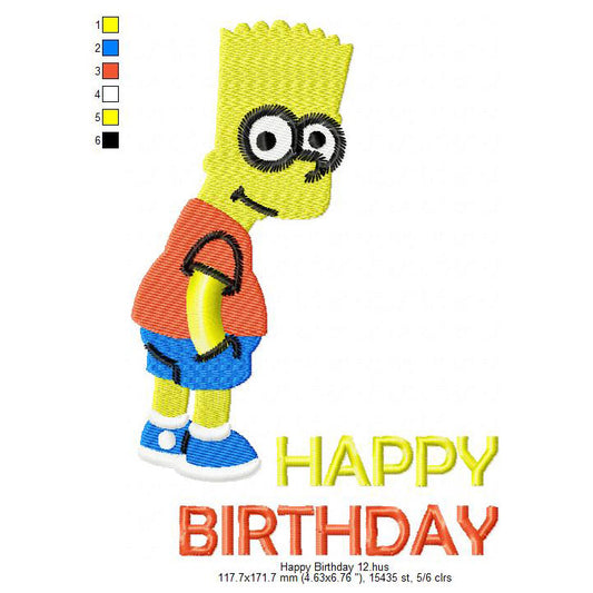 Bart Simpson Wishing Happy Birthday Cartoon Machine Embroidery Digitized Design Files