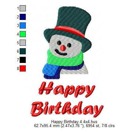 Snow Man Wishing Happy Birthday Machine Embroidery Digitized Design Files