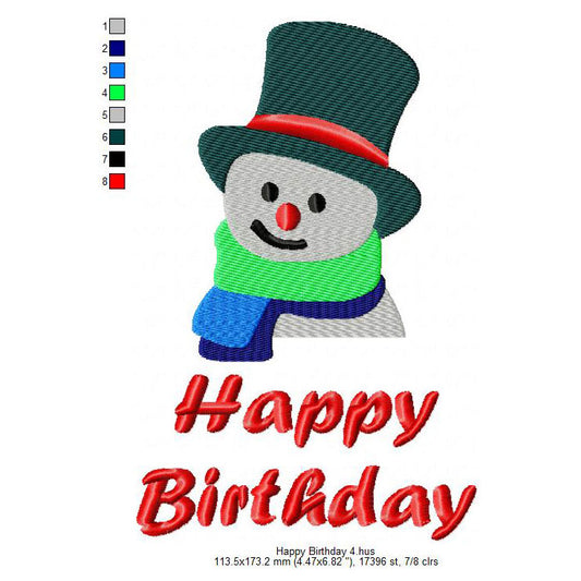 Snow Man Wishing Happy Birthday Machine Embroidery Digitized Design Files