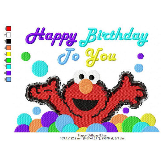 Happy Birthday Wishing Elmo Cartoon Balls Machine Embroidery Digitized Design Files