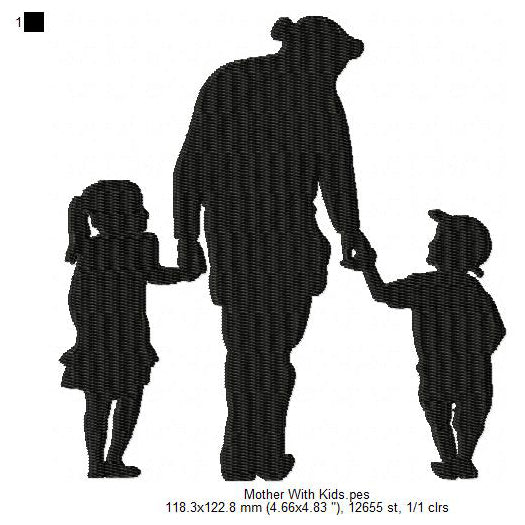 Mother With Two Kids Toddler Child Silhouette Machine Embroidery Digitized Design Files