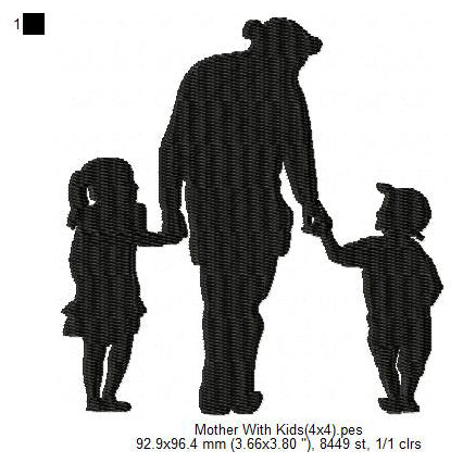 Mother With Two Kids Toddler Child Silhouette Machine Embroidery Digitized Design Files